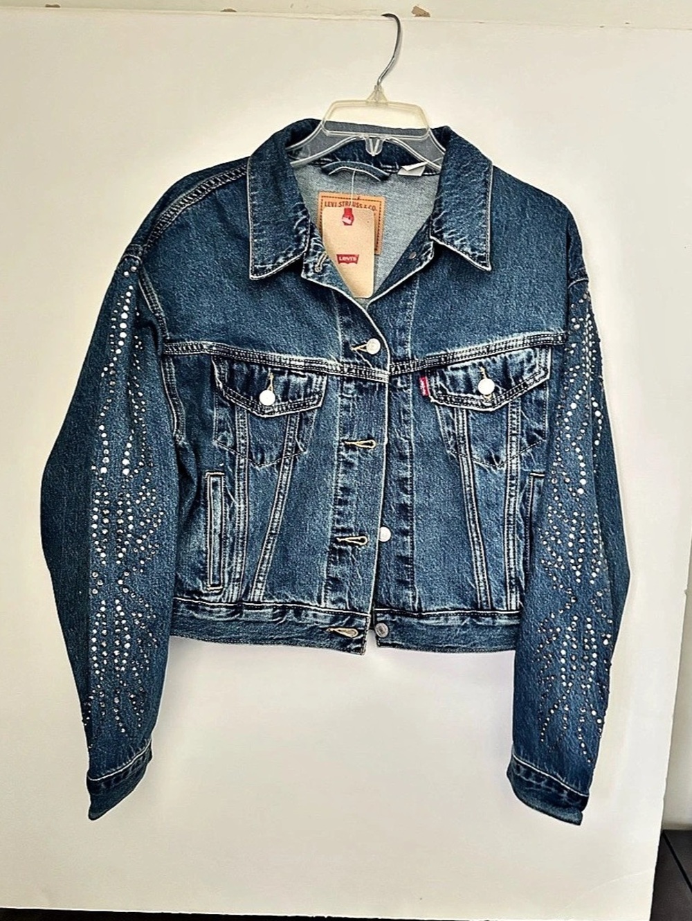 Levi's Shrunken 90s Rhinestone Sleeve Solargenic Trucker Crop Jean Jacket NWT M